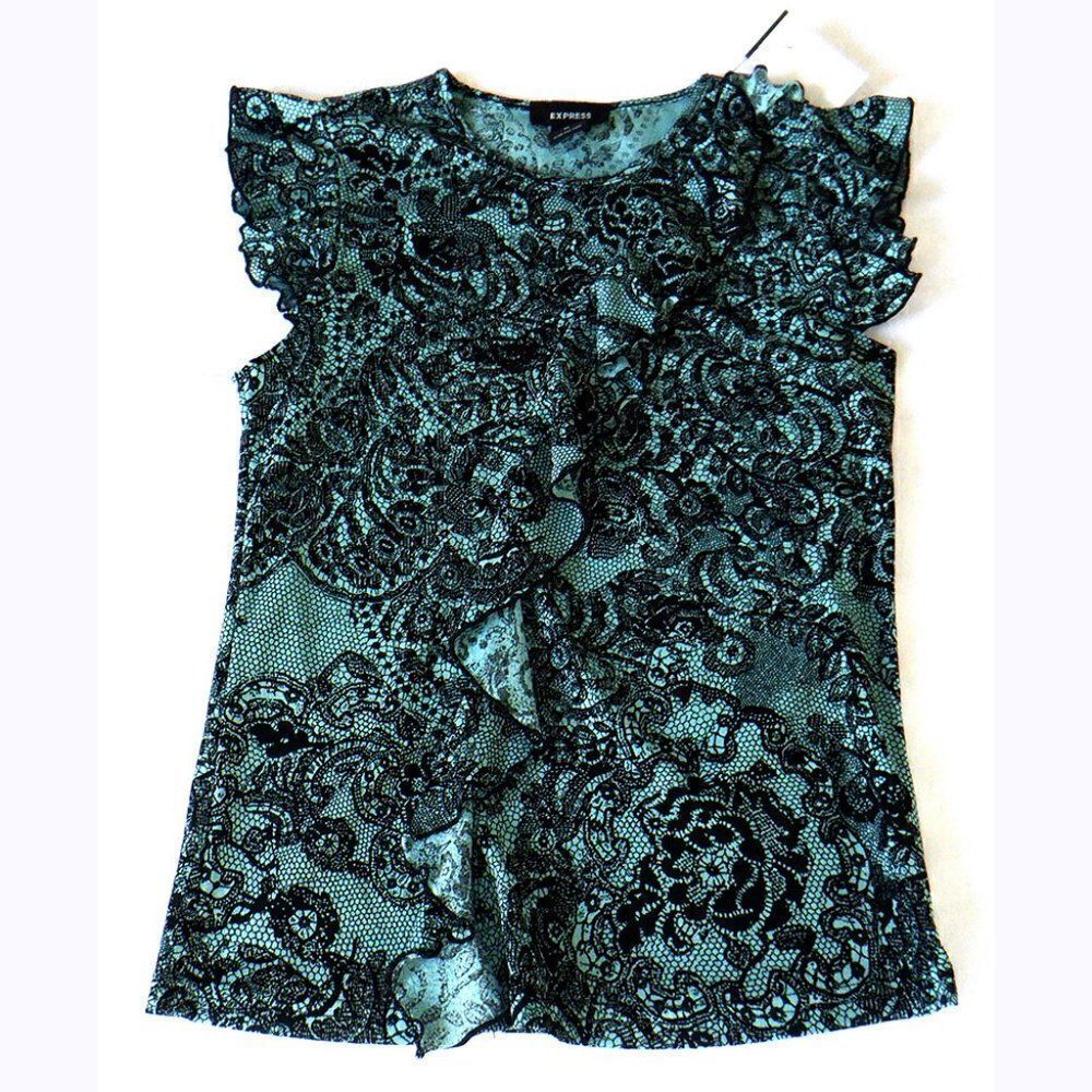 Express womens Caribbean blue green black paisley ruffle top